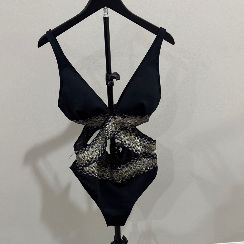 NWOT River Island Black One-Piece Swimsuit with Metallic Trim